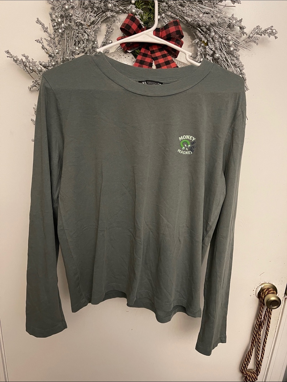 Zara Olive Green Long Sleeve Graphic Tee with Small Chest Print